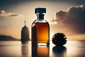 a bottle of whisky and a pine cone on a table. AI-Generated photo