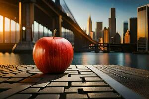 an apple sits on a table in front of a city. AI-Generated photo