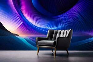 a chair in front of a purple and blue wall mural. AI-Generated photo