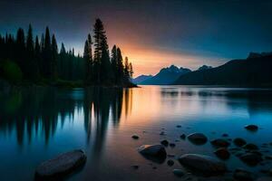 el Dom conjuntos terminado un lago y montañas. generado por ai foto