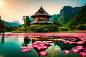 rosado loto flores en el agua y un pagoda en el montañas. generado por ai foto