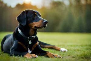 a black and tan dog laying on the grass. AI-Generated photo