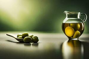 olives in a glass jug and wooden spoon. AI-Generated photo