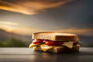 un emparedado con queso y Tomates en un mesa. generado por ai foto