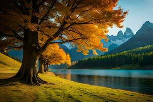 otoño arboles por el lago. generado por ai foto