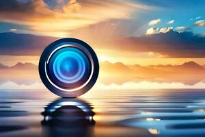 a camera lens on top of a body of water. AI-Generated photo