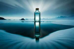 a bottle of water sitting on the water with a mountain in the background. AI-Generated photo