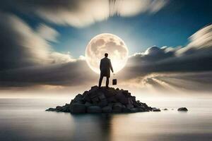 un hombre en pie en un rock en frente de un lleno Luna. generado por ai foto