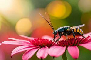 un avispa en un rosado flor. generado por ai foto