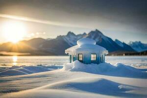 un pequeño casa se sienta en parte superior de un Nevado montaña. generado por ai foto