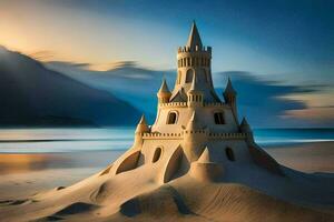 a sand castle on the beach at sunset. AI-Generated photo