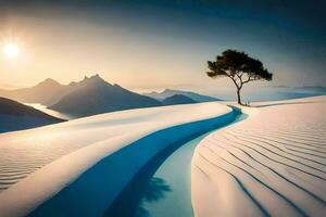 un solitario árbol soportes en un Nevado montaña. generado por ai foto