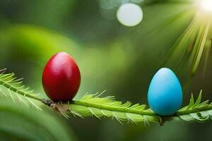 two blue and red eggs on a branch. AI-Generated photo