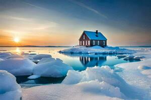 a small house on an ice floe in the middle of the ocean. AI-Generated photo