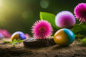 colorful easter eggs and flowers on the ground. AI-Generated photo