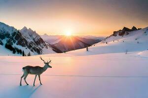 a deer stands in the snow at sunset. AI-Generated photo