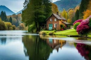 a small cabin sits on the shore of a lake. AI-Generated photo