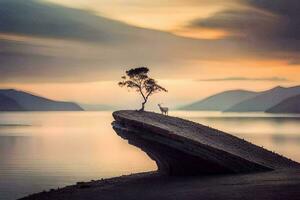 un solitario árbol soportes en un rock en el medio de un lago. generado por ai foto