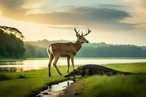 a deer and an alligator standing next to each other. AI-Generated photo