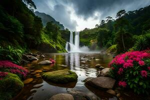 beautiful waterfall in the jungle with pink flowers. AI-Generated photo