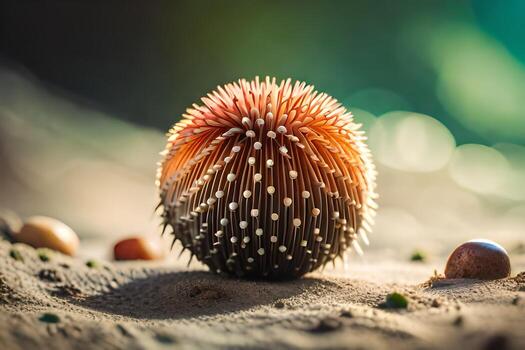 un puntiagudo pelota de arena con un pocos pequeño pelotas de arena. generado por ai foto