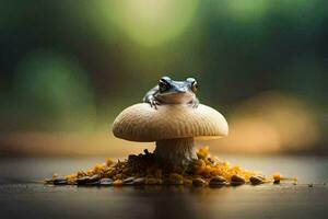 a frog sitting on top of a mushroom. AI-Generated photo