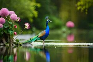 a peacock standing in the water with flowers. AI-Generated photo