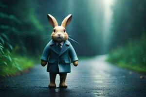 a rabbit in a suit standing on a road. AI-Generated photo