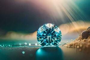 a diamond sitting on the sand with the sun shining. AI-Generated photo