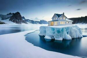 un casa en un iceberg en el medio de el océano. generado por ai foto