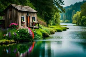 a small cabin sits on the bank of a river. AI-Generated photo