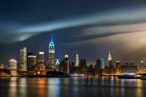 el Manhattan horizonte a noche con un arcoíris. generado por ai foto