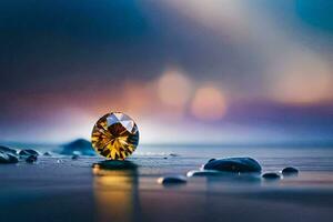 a diamond sitting on the beach with rocks and water. AI-Generated photo
