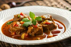 a plate of meat stew with vegetables and herbs. AI-Generated photo