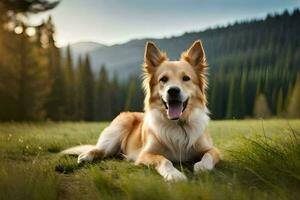 a dog laying in the grass with its tongue out. AI-Generated photo