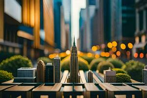 un miniatura paisaje urbano con un ver de el imperio estado edificio. generado por ai foto