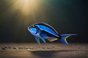 a blue fish with a yellow tail is standing on the ground. AI-Generated photo