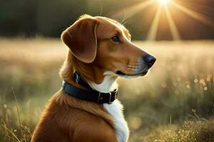 un perro sentado en un campo con el Dom brillante. generado por ai foto