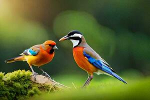 two colorful birds standing on a moss covered branch. AI-Generated photo