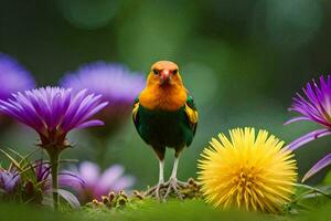 un vistoso pájaro es en pie en parte superior de algunos flores generado por ai foto