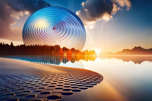 a circular object with a reflection in the water. AI-Generated photo