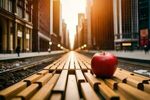 an apple sits on a wooden track in front of a city. AI-Generated photo