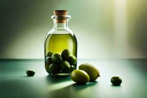 olives in a glass bottle. AI-Generated photo