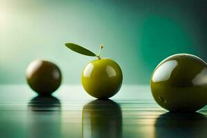 three green olives are standing in a row. AI-Generated photo