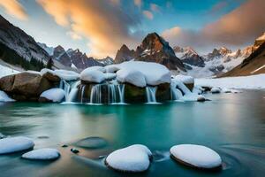 a beautiful mountain stream with snow covered rocks. AI-Generated photo