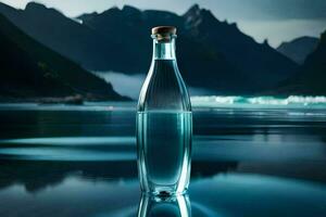 a bottle of water sits on the water with mountains in the background. AI-Generated photo