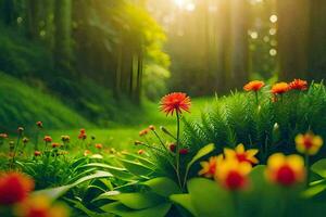 photo wallpaper the sun, flowers, grass, green, forest, trees, green, nature,. AI-Generated