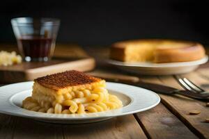 a plate of macaroni and cheese on a wooden table. AI-Generated photo