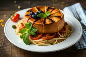 a plate with spaghetti and tomatoes on it. AI-Generated photo