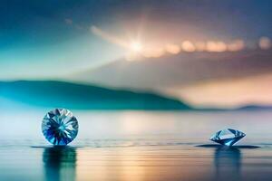 two diamonds are sitting on the water in front of a sunset. AI-Generated photo